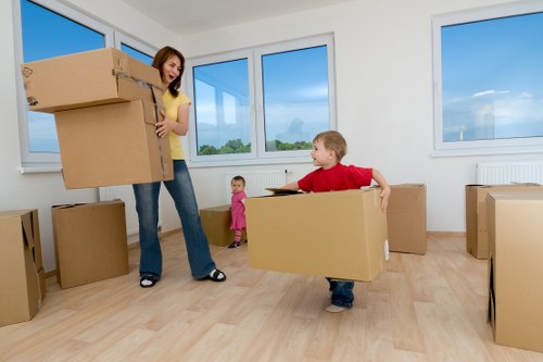 Packed household boxes ready for a Brixton move